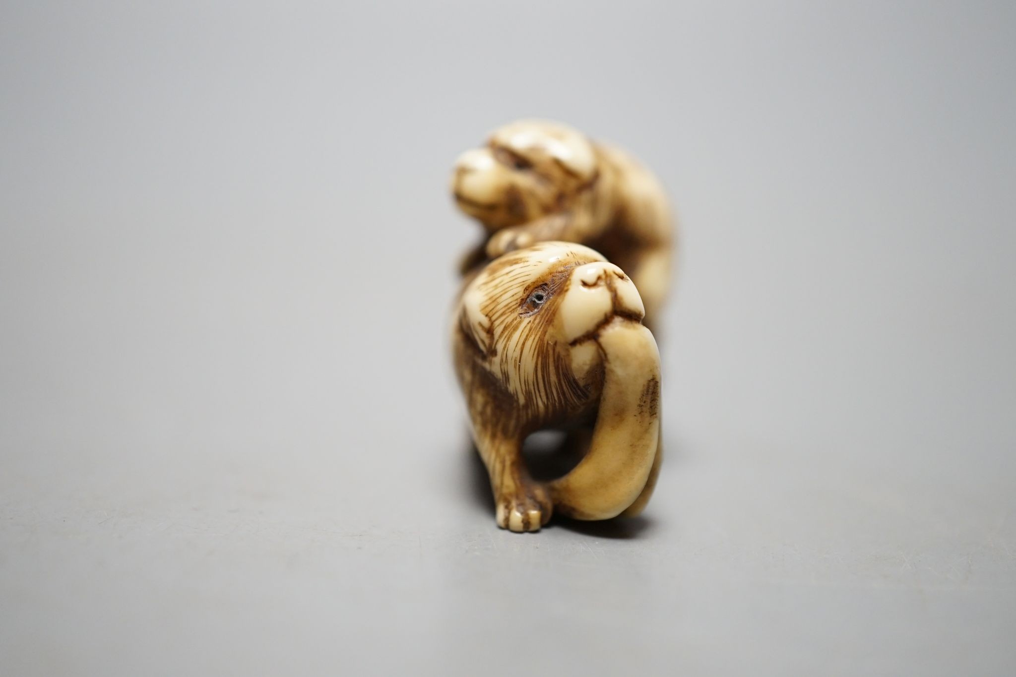 A Japanese ivory netsuke monkey group, 19th century, signed, 5cm wide.